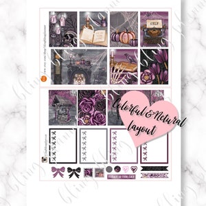 May include: A set of printable Halloween themed planner stickers with a purple, black, and white color scheme. The stickers feature images of a skull, a book, a typewriter, a raven, a fireplace, a well, flowers, pumpkins, and bows. The text "Colorful & Netural layout" is written in pink on a heart shape. The text "Today is the day" and "Get it done" are written on two of the stickers.