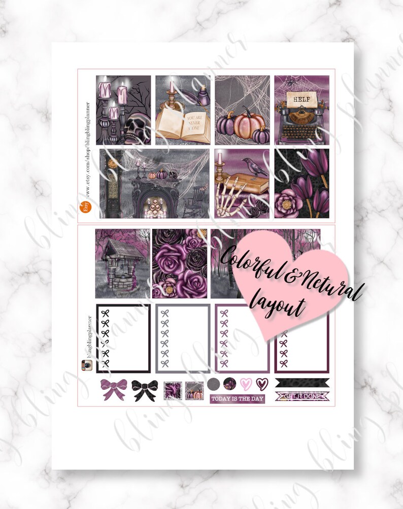 May include: A set of printable Halloween themed planner stickers with a purple, black, and white color scheme. The stickers feature images of a skull, a book, a typewriter, a raven, a fireplace, a well, flowers, pumpkins, and bows. The text "Colorful & Netural layout" is written in pink on a heart shape. The text "Today is the day" and "Get it done" are written on two of the stickers.