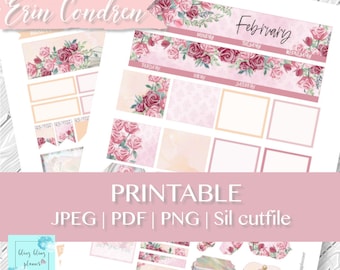 FEBRUARY MONTHLY KIT Printable, Valentine Monthly Stickers, Printable floral monthly Sticker, Printable february view, erin condren February