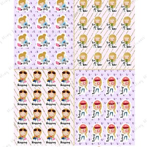 May include: A digital planner sheet with a purple background and gold glitter accents. The sheet is divided into four sections, each with a different pattern. The top left section features a cartoon girl with blonde hair and a pink shirt, holding a laptop with the text "Check Etsy". The top right section features a cartoon girl with blonde hair and a green shirt, holding a cup of tea with the text "Tea Time". The bottom left section features a cartoon girl with blonde hair and sunglasses, holding shopping bags with the text "Shopping". The bottom right section features a cartoon girl with blonde hair and a pink hat, holding a camera with the text "Travel".
