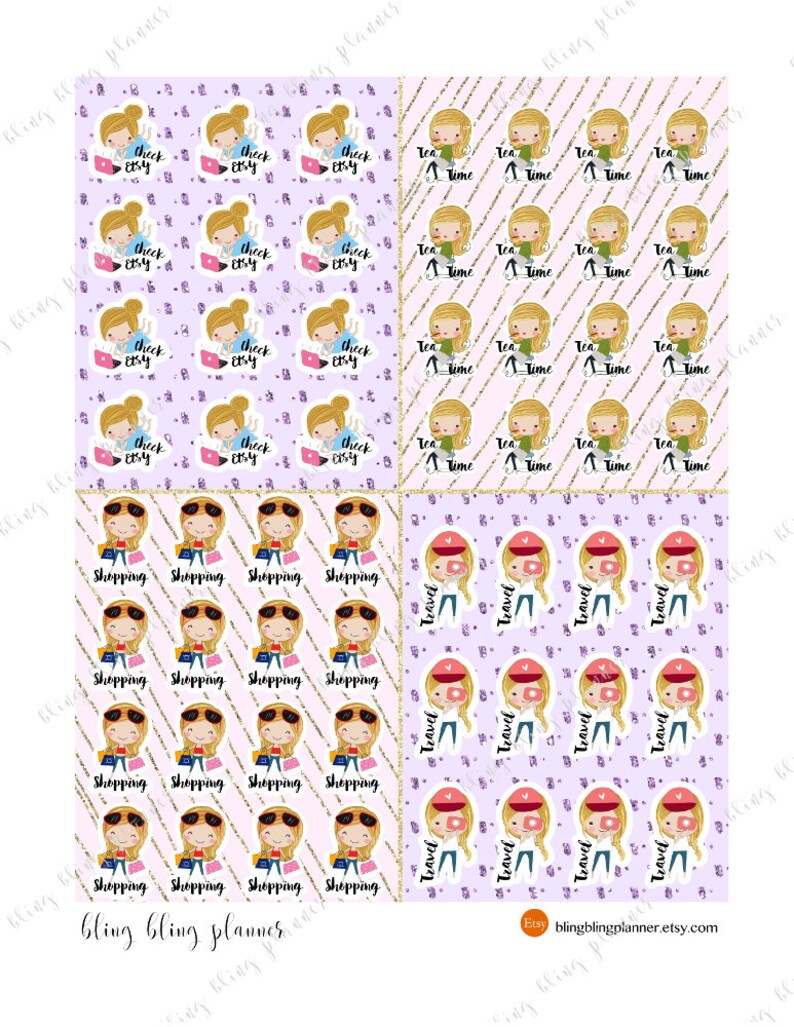 May include: A digital planner sheet with a purple background and gold glitter accents. The sheet is divided into four sections, each with a different pattern. The top left section features a cartoon girl with blonde hair and a pink shirt, holding a laptop with the text "Check Etsy". The top right section features a cartoon girl with blonde hair and a green shirt, holding a cup of tea with the text "Tea Time". The bottom left section features a cartoon girl with blonde hair and sunglasses, holding shopping bags with the text "Shopping". The bottom right section features a cartoon girl with blonde hair and a pink hat, holding a camera with the text "Travel".