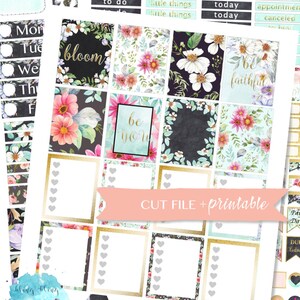 May include: A set of printable planner stickers featuring floral designs and inspirational quotes. The stickers include phrases like "bloom", "be you", and "be faithful".