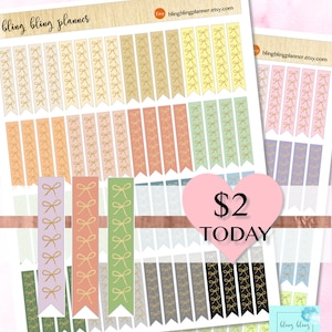 Könnte beinhalten: Blattplaner-Aufkleber mit Schleifendesigns in verschiedenen Farben, darunter Gold, Rosa und Grün. Der Text "bling bling planner" und die Etsy-Shop-URL sind sichtbar. Ein rosa Herz mit dem Text "$2 TODAY" ist ebenfalls vorhanden.