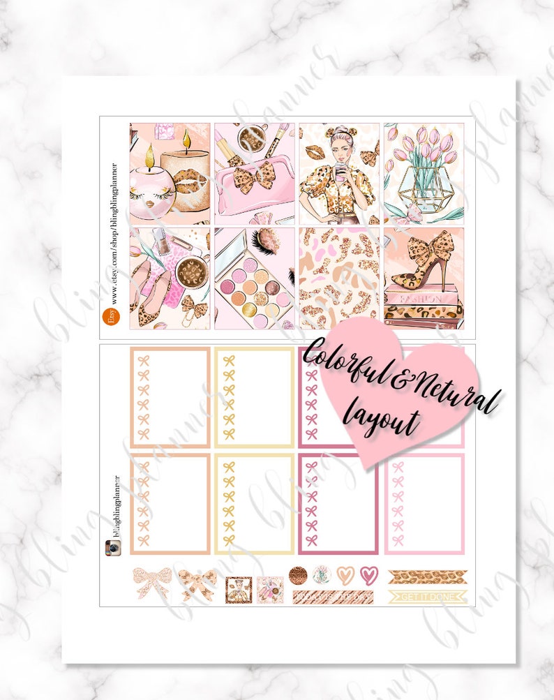 Puede incluir: Un conjunto de pegatinas de planificador imprimibles con un esquema de color rosa, dorado y marr&oacute;n. Las pegatinas presentan una variedad de dise&ntilde;os, que incluyen estampado de leopardo, lazos, velas, maquillaje y flores. El texto "Colorful & Natural Layout" est&aacute; incluido en la hoja de pegatinas.