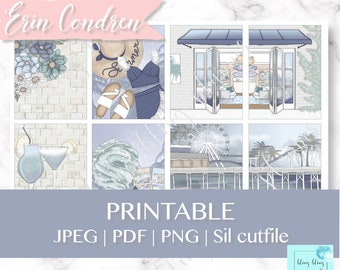 Op de afbeelding: Printbare planner stickers met een zomerthema. De stickers bevatten afbeeldingen van een strand, een reuzenrad, een drankje, een hoed en een badpak. De tekst "Erin Condren" en "PRINTABLE" is ook inbegrepen.