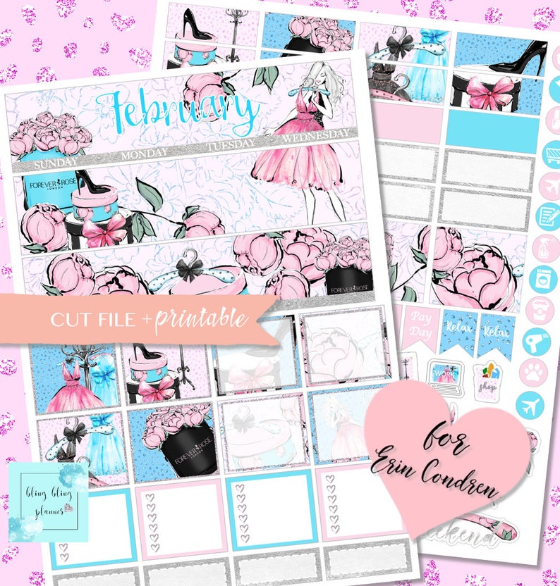 FEBRUARY MONTHLY VIEW, Fashion Monthly Kit, February Monthly View Stickers, Valentines day, monthly planner sticker, printable monthly kit image 1