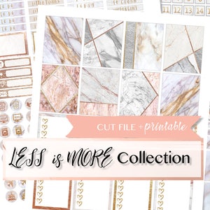 May include: A set of printable planner stickers with a marble and gold design. The stickers feature various shapes and sizes, including squares, rectangles, and circles. The text "LESS is MORE Collection" is printed on the stickers.