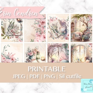 May include: Printable digital planner stickers featuring watercolor illustrations of books, flowers, windows, and a cozy armchair. The stickers are designed in a soft pink and green color palette with a vintage aesthetic.