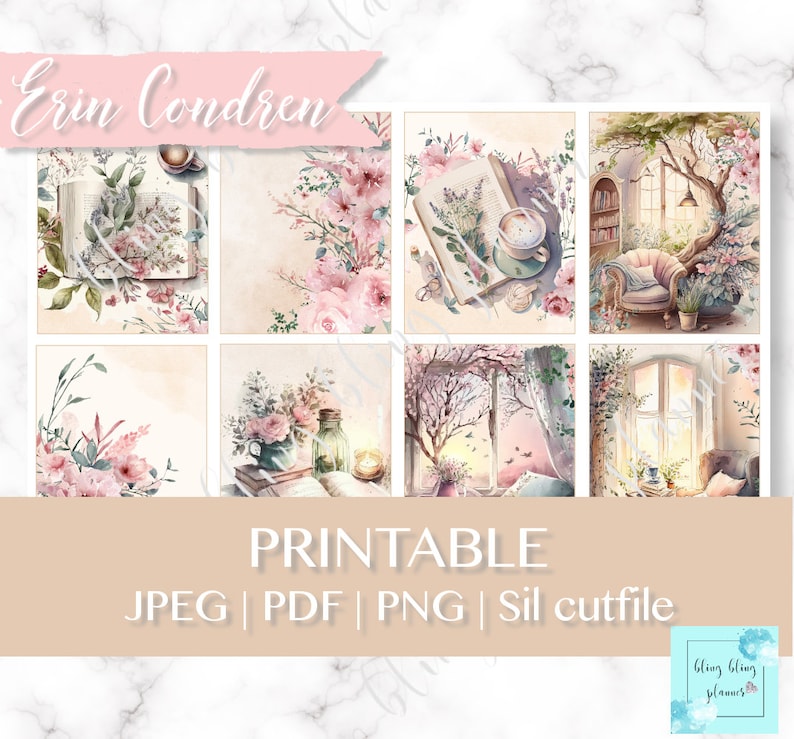 May include: Printable digital planner stickers featuring watercolor illustrations of books, flowers, windows, and a cozy armchair. The stickers are designed in a soft pink and green color palette with a vintage aesthetic.