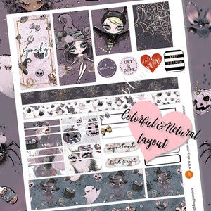May include: A set of Halloween themed planner stickers featuring cute witches, bats, ghosts, pumpkins, and spiders. The stickers are in a variety of colors, including purple, black, orange, and white. The stickers are perfect for adding a touch of Halloween fun to your planner.