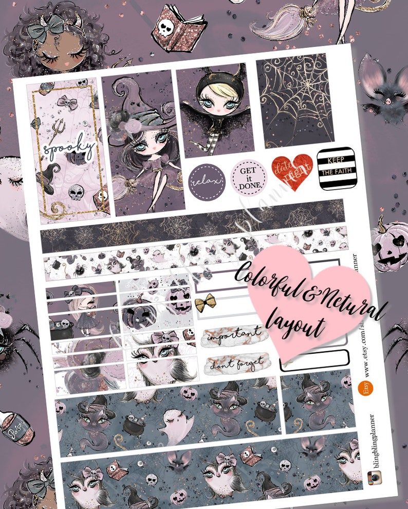 May include: A set of Halloween themed planner stickers featuring cute witches, bats, ghosts, pumpkins, and spiders. The stickers are in a variety of colors, including purple, black, orange, and white. The stickers are perfect for adding a touch of Halloween fun to your planner.