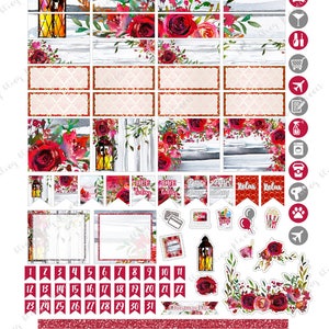 K&ouml;nnte beinhalten: Ein Set Weihnachts-Planer-Aufkleber mit roten Rosen, Laternen und einem Kalender mit den Zahlen 1 bis 31. Die Aufkleber enthalten auch S&auml;tze wie "Due Today" und "Relax".