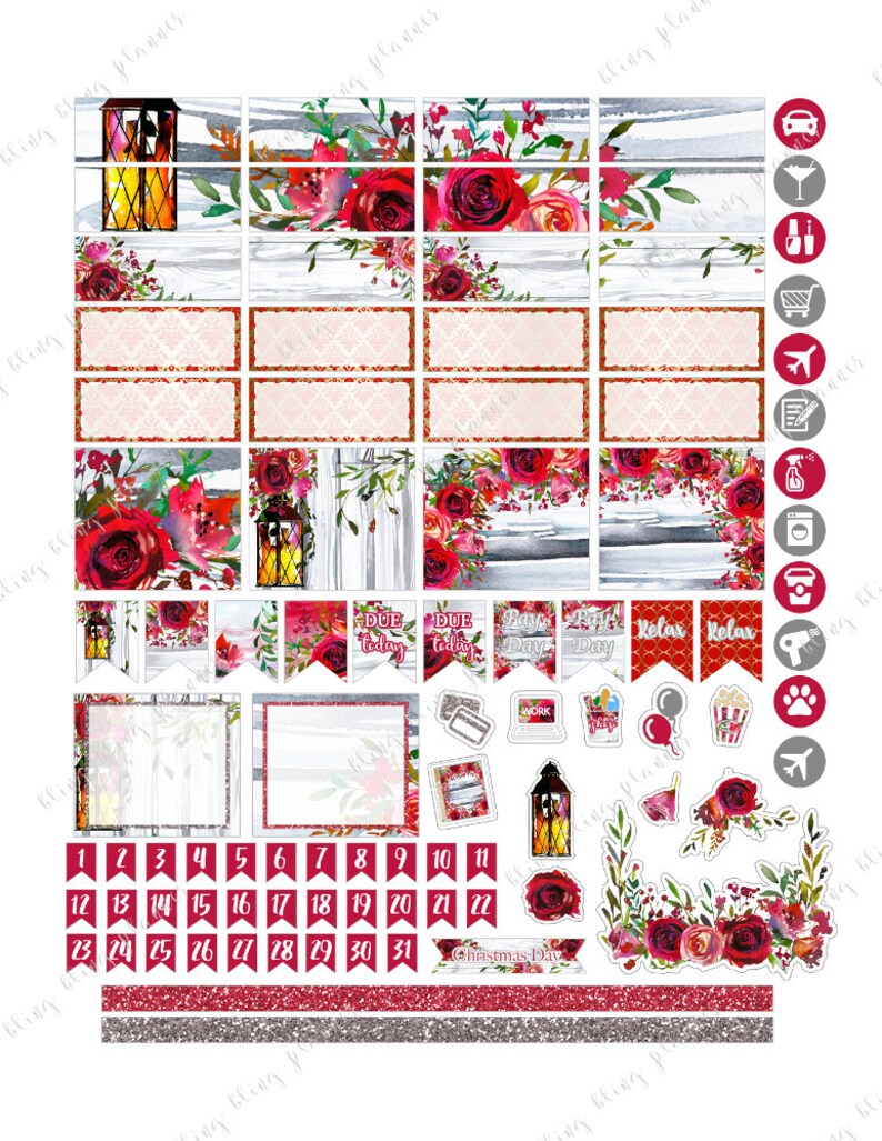 K&ouml;nnte beinhalten: Ein Set Weihnachts-Planer-Aufkleber mit roten Rosen, Laternen und einem Kalender mit den Zahlen 1 bis 31. Die Aufkleber enthalten auch S&auml;tze wie "Due Today" und "Relax".