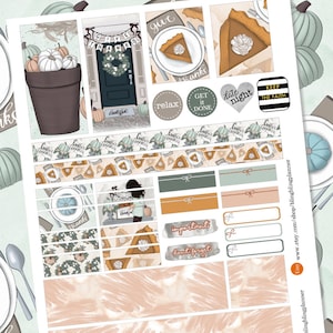 May include: A set of printable planner stickers with a fall theme. The stickers feature pumpkins, pie, and fall-themed text. The stickers are designed to be used in a planner or journal.