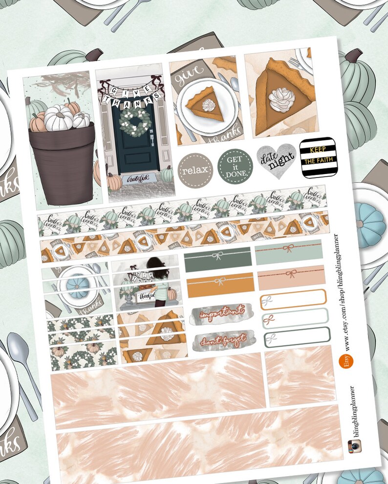 May include: A set of printable planner stickers with a fall theme. The stickers feature pumpkins, pie, and fall-themed text. The stickers are designed to be used in a planner or journal.