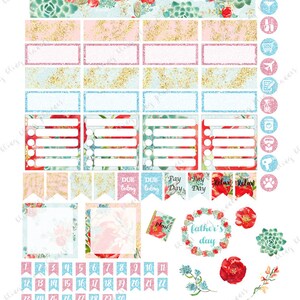 May include: A set of planner stickers featuring floral designs, glitter accents, and various icons. The stickers include a calendar, boxes for notes, and icons for tasks like "due today", "pay day", and "relax".