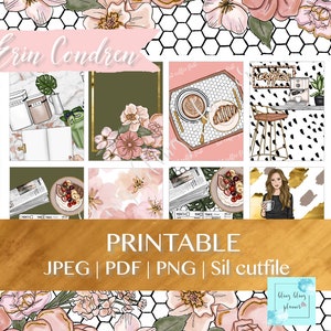 Puede incluir: Pegatinas imprimibles para planificador con tem&aacute;tica de caf&eacute; con ilustraciones de tazas de caf&eacute;, una cafetera, una mujer sosteniendo una taza de caf&eacute; y patrones florales. Las pegatinas est&aacute;n etiquetadas como "Erin Condren" y "Imprimible".