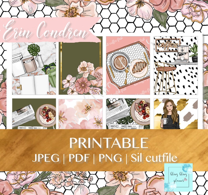 Puede incluir: Pegatinas imprimibles para planificador con tem&aacute;tica de caf&eacute; con ilustraciones de tazas de caf&eacute;, una cafetera, una mujer sosteniendo una taza de caf&eacute; y patrones florales. Las pegatinas est&aacute;n etiquetadas como "Erin Condren" y "Imprimible".