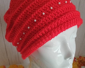 Red beanie hat, turban, crochet hat, crochet handmade beanie, Tam, baggy beanie, gift for her