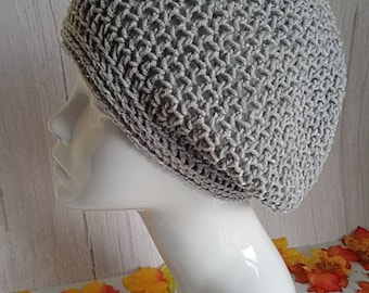 Grey slouchy hat with green sparkles, handmade crochet slouchy beanie, baggy beanie, tam hat, beret, gift idea
