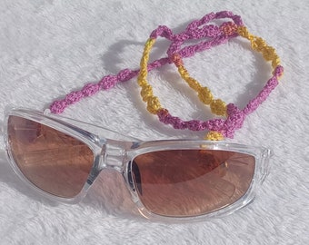 Chaîne de lunettes de soleil, chaîne de lunettes de lecture en coton jaune violet, cordon pour lunettes de soleil, accessoire de plage pour lunettes, porte-lunettes, lanière de lunettes