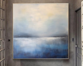 May include: Abstract painting of a seascape with a blue and white color scheme. The painting depicts a horizon with a body of water in the foreground and a cloudy sky in the background.