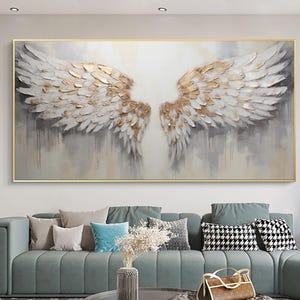 Abstract Angel Wings Oil Painting 3D Texture Canvas Art Handmade Wall Decor White Wings Artwork Modern Neutral Wall Art Living Room Wall Art