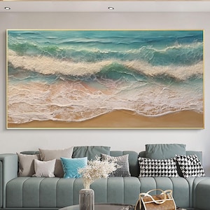 Large 3D Textured Coastal Wall Art Framed Green Beach Painting Sea Acrylic Painting Abstract Ocean Wall Art Beach Canvas Painting Wall Decor