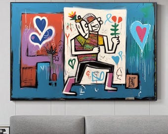 Large Abstract Romantic Graffiti Love Heart Painting Colorful Textured Street Canvas Art for Living Room