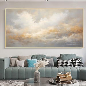 Customized Sky Clouds Landscape Canvas  Painting Original Minimalist Gray Gold Art Abstract Cedar Textured Living Room Wall Art Unique Gift
