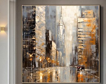 Original Cityscape Textured Wall Art,Oversized Impressionism Gray and Gold Artwork Large City abstract painting,Modern city Wall art decor