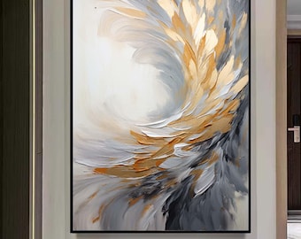 Extra Large Feather Painting, Modern Gray Gold Abstract Wall Art