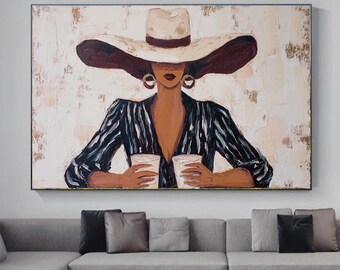 Minimalist Western cowboy abstract  painting The man with a drinking painting abstract man painting larger horizontal handmade wall art
