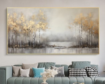Large LandscapeTrees Painting,Abstract Gray and Gold Forrest Painting,Oversized Landscape Art On Canvas,Impression Art,Textured Wall Art