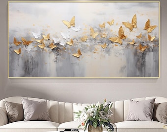 Abstract Butterflies Painting,Original Painting in Gray and Gold,Oversized Textured Canvas Art,Modern Decorative  Art,Living Room Wall Art
