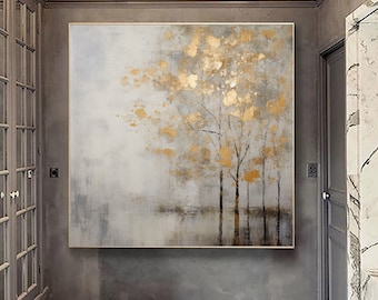 Minimalist Abstract Trees Painting,Extra large wall art,gray landscape painting on canvas,large wall art,Bedroom Living room painting