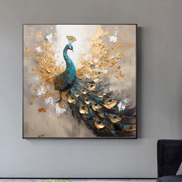 Palette Kinfe Peacock Wall Art,Original Animal Painting On Canvas,Impressionism Wall Décor,Abstract Modern Painting, Extra Large Wall Art