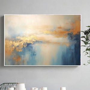 Blue Gold Textured Painting,Original Abstract Painting,Hand-painted Acrylic Paintings,Minimalist Wall Art for Living Room