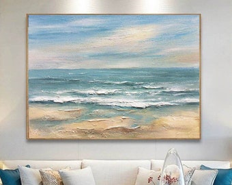 Original Sea Abstract Oil Painting,White Waves Texture Painting,Large Sky And Sea Painting,Large Ocean Canvas Painting,Living Room Art