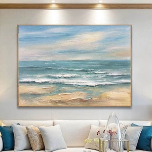 Original Sea Abstract Oil Painting,White Waves Texture Painting,Large Sky And Sea Painting,Large Ocean Canvas Painting,Living Room Art
