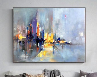 Large City abstract painting on Canvas, Wall City painting, New York city art, Modern city Wall art decor,City skyline Abstract oil painting