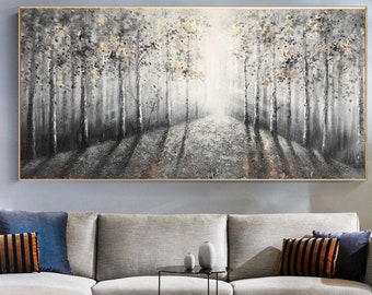 Birch oil painting,Large original oil painting on canvas,forest,trees,landscape,golden painting,nature,Bedroom Living room painting,