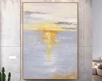 Pintura abstracta de cielo, pintura acrílica, brillo, arte de pared, pintura de paisaje marino, dorado, amanecer, paisaje de nubes, lienzo, pintura de gran tamaño para sala de estar