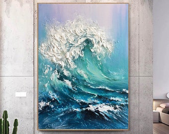 Abstract Ocean Waves Painting,Original Sea Abstract Oil Painting,White Waves Texture Painting,Large Sky And Sea Painting,Living Room Art