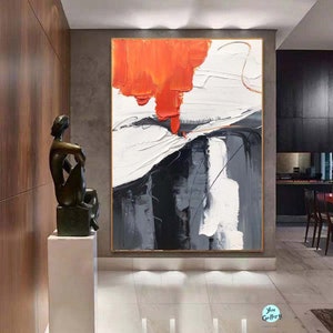 Minimalist Wall Art, Large Original Abstract Painting, Orange Painting Gray Painting, Texture Abstract Painting, Black And White Wall Art
