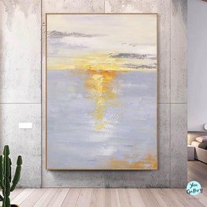 Abstract sky painting acrylic painting brightness wall art seascape painting gold sunrise cloud scenery canvas oversize living room painting