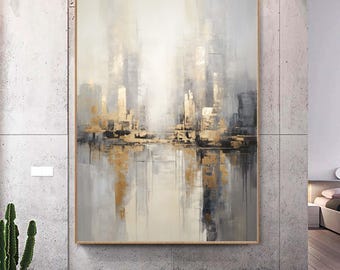 Original Cityscape Abstract Painting,Large Gray Gold Textured Painting,Hand-painted Acrylic Paintings,Modern Wall Art for Living Room