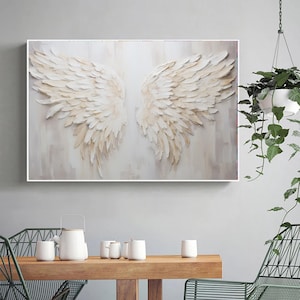 Abstract Angel Wings Oil Painting 3D Texture Canvas Art Handmade Wall Decor White Wings Artwork Modern Neutral Wall Art Living Room Wall Art