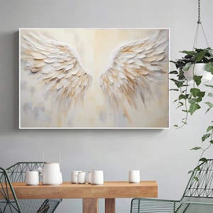 Abstract Angel Wings Oil Painting 3D Texture Canvas Art Handmade Wall Decor White Wings Artwork Modern Neutral Wall Art Living Room Wall Art
