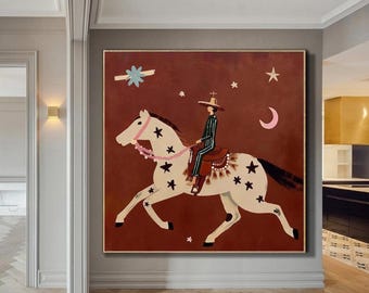 Surrealism Abstract Horse Rider Painting Vintage Retro Red Minimalist Equestrian Wall Art Original Figurative Canvas Art